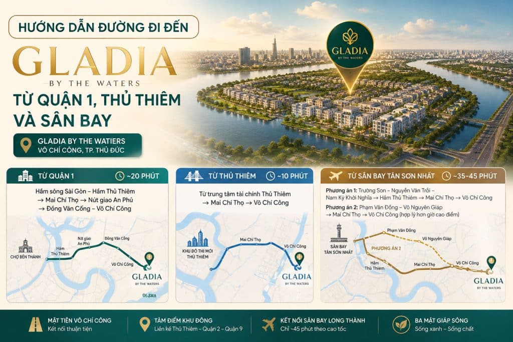Hướng dẫn đường đi đến Gladia từ Quận 1, Thủ Thiêm và sân bay