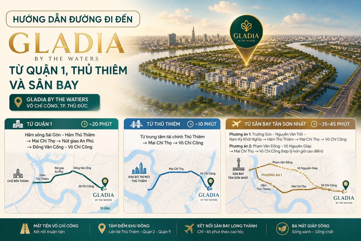 Hướng dẫn đường đi đến Gladia từ Quận 1, Thủ Thiêm và sân bay