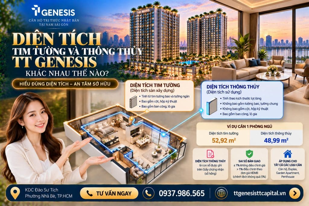 Diện tích tim tường và thông thủy TT Genesis khác nhau thế nào?